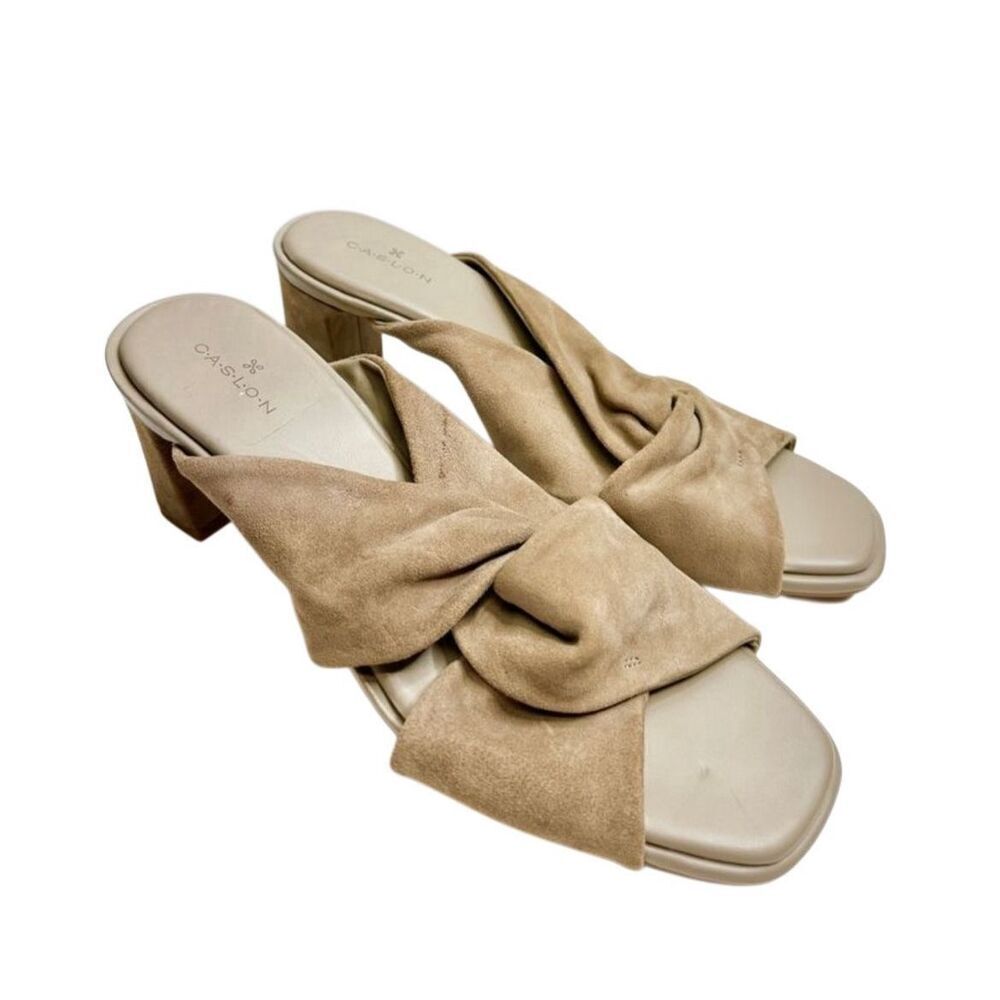 Caslon‎ Sandals Size 9 Taupe Leather Open Toe Crisscross Straps Block Heel